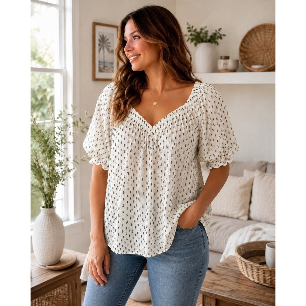 LOFT White Swiss Dot Puff Sleeve Peasant Blouse Medium Boho Cottagecore Top